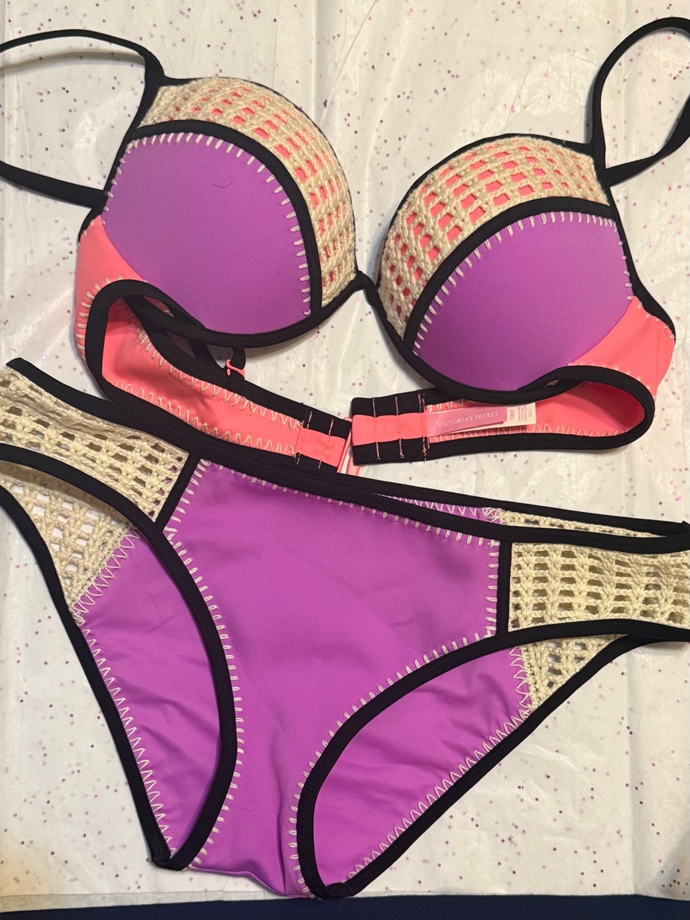 Victoria Secret Purple & Coral Crochet Trim Bikini Set